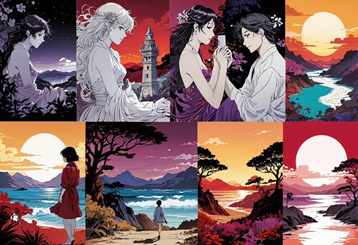 An artistic collage featuring various manga panels that depict mature themes, showcasing intricate illustrations of dynamic characters in emotional scenarios. Include elements of erotic fiction, such as subtle suggestive imagery and romantic tension, intertwined with a backdrop of lush, dreamy landscapes to emphasize visual storytelling. The color palette should be rich with deep reds, purples and golds to convey passion and allure. vintage comic style. vibrant colors.