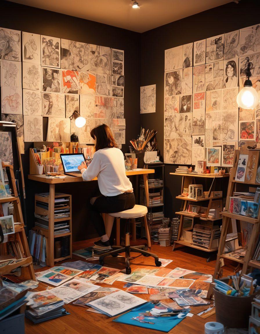 A captivating scene showcasing an artist's studio filled with vibrant sketches of NSFW manga and anime illustrations. The walls adorned with colorful comic panels, and various art supplies scattered around, hinting at the creative process. An artist passionately drawing at an easel, surrounded by figures from their illustrations coming to life. Soft, warm lighting enhances the intimate atmosphere. super-realistic. vibrant colors. 3D.