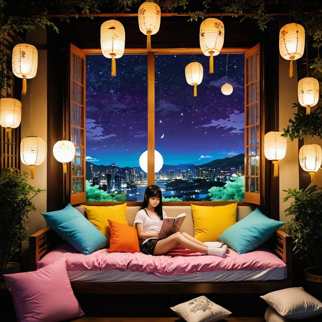 An enchanting scene featuring a diverse collection of manga panels showcasing vibrant adult comic characters, set against a whimsical background filled with artistic elements like ink splashes and traditional Japanese motifs. Include a cozy reading nook with plush cushions and a soft glow from lanterns, inviting viewers into the world of manga. The characters should express a range of emotions to capture the allure of storytelling. super-realistic. vibrant colors. anime style.